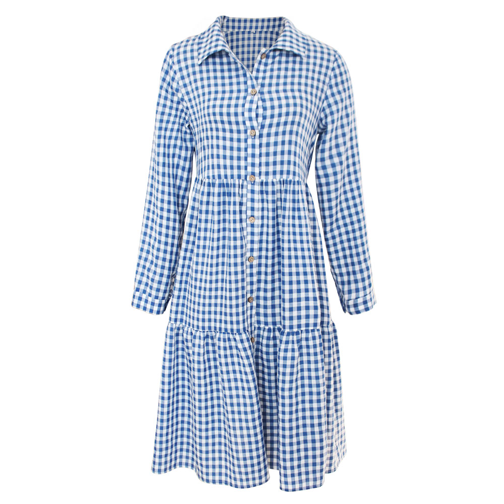 Women Striped Button Down Long Dress with Long Sleeves Ruffle HEM