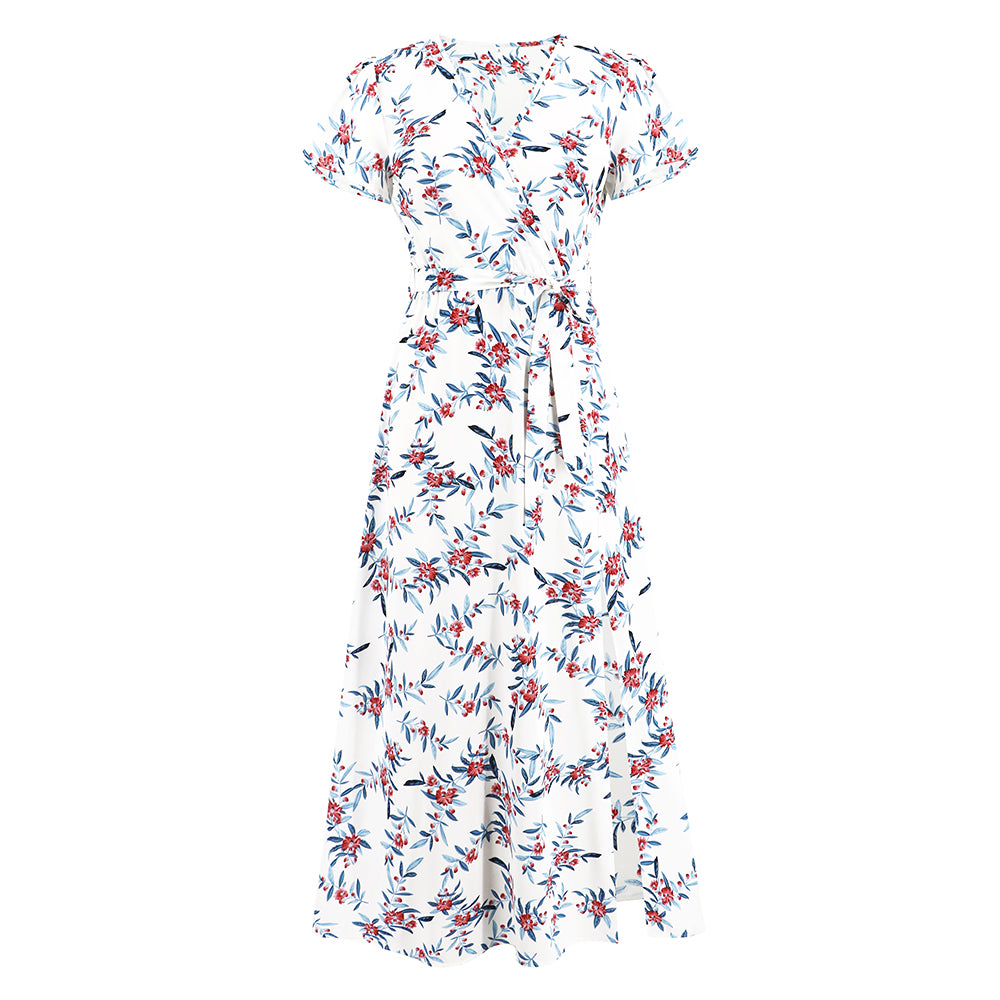 Women Short Sleeve Split Thigh Floral Long Dress V-Neckline