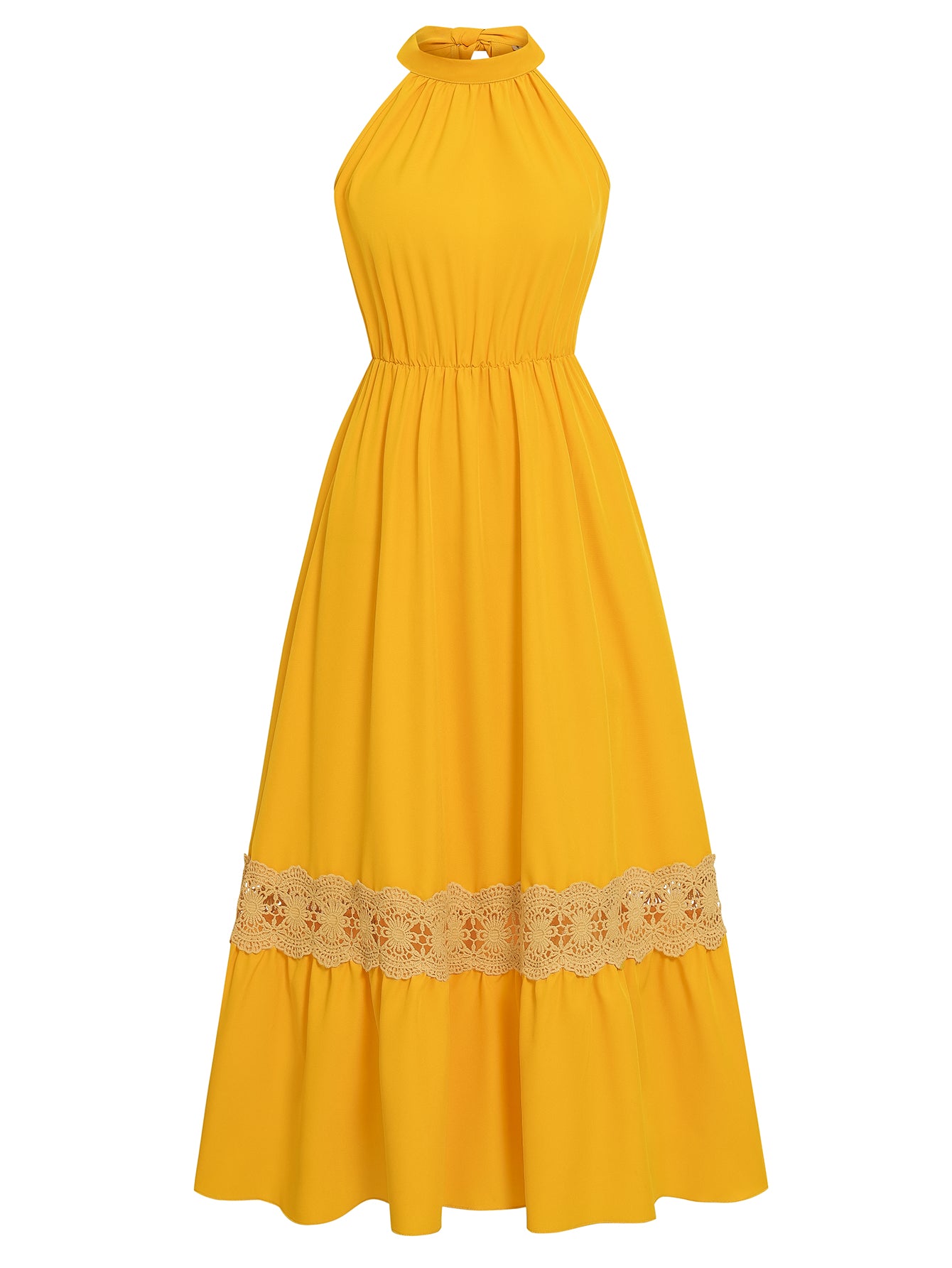 Women Halterneck Sleeveless Long Dress Lace HEM High Waist