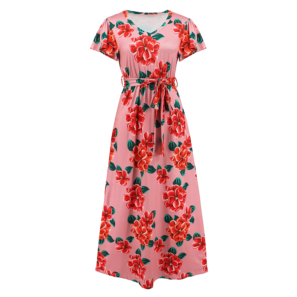 Women Rose Flower Print V Neck Long Dress Short Sleeves Floral Sundress