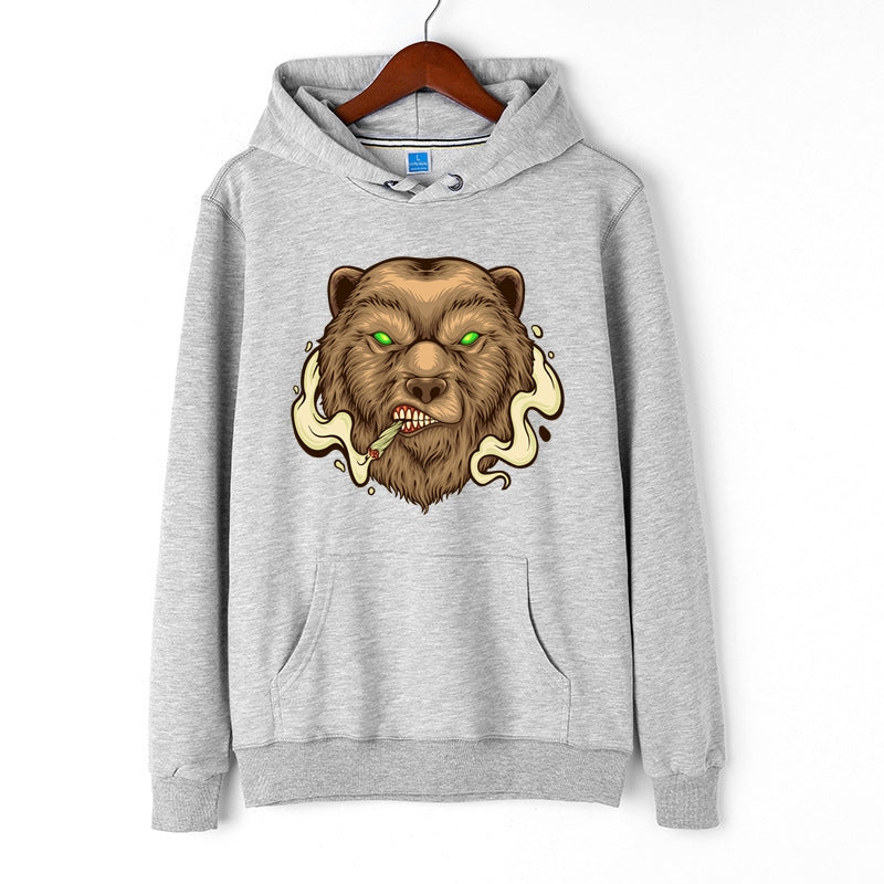 Men's Bear Hoodie Green Eyes Bear Graphic Print Sweatshirt Cotton Merch
