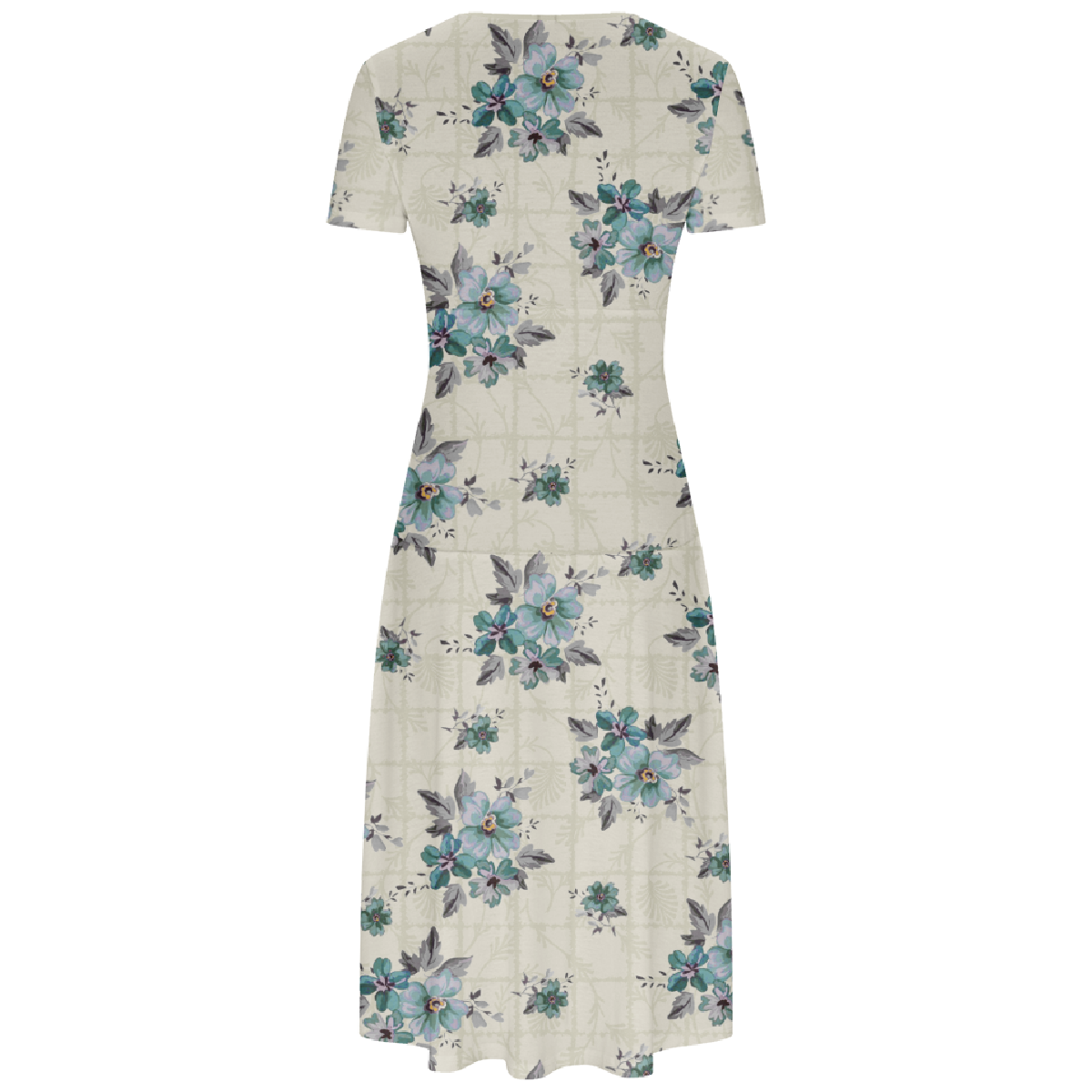 Women Flower Beige Dress Asymmetrical V-Neckline Dress with Short Sleeve Slim Waistline