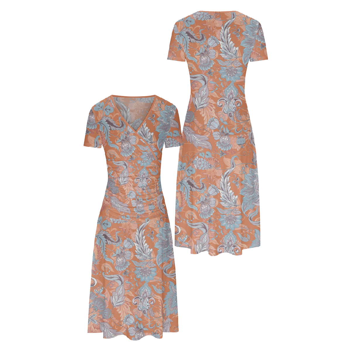 Women Floral Long Dress Bodycon V Neck Short Sleeve Allover Print