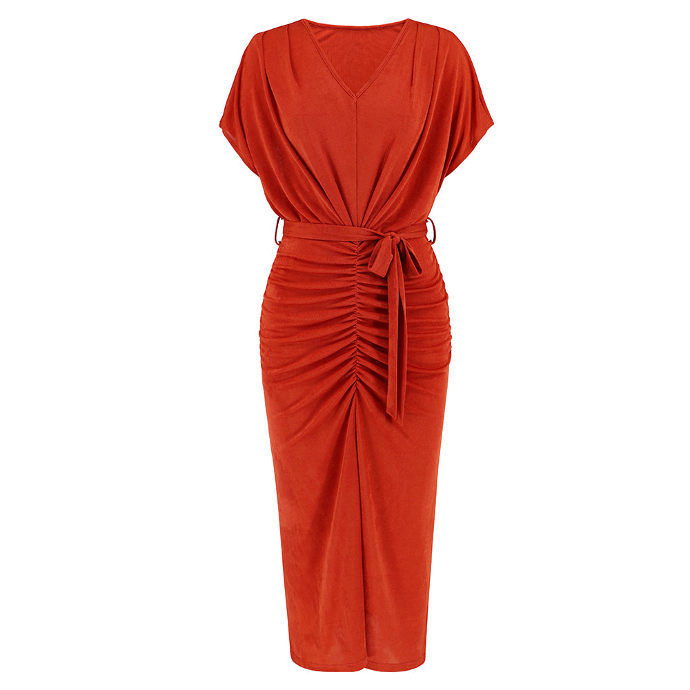 Women Formal Wrap Dress Short Sleeves Bodycon V-Neckline