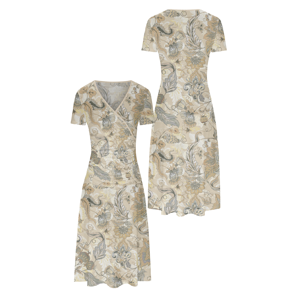 Women Floral Long Dress Bodycon V Neck Short Sleeve Allover Print