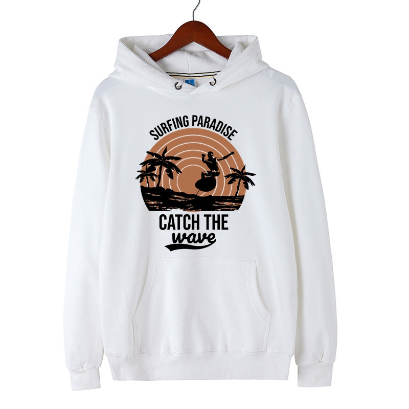 Surfing Paradise Graphic Print Hoodie Catch the Wave Letter Print Pullover for Men