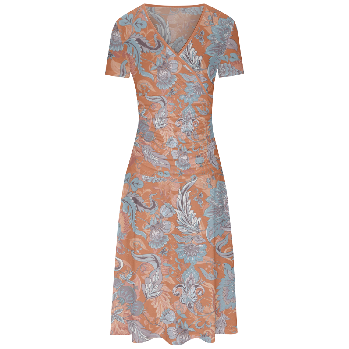 Women Floral Long Dress Bodycon V Neck Short Sleeve Allover Print