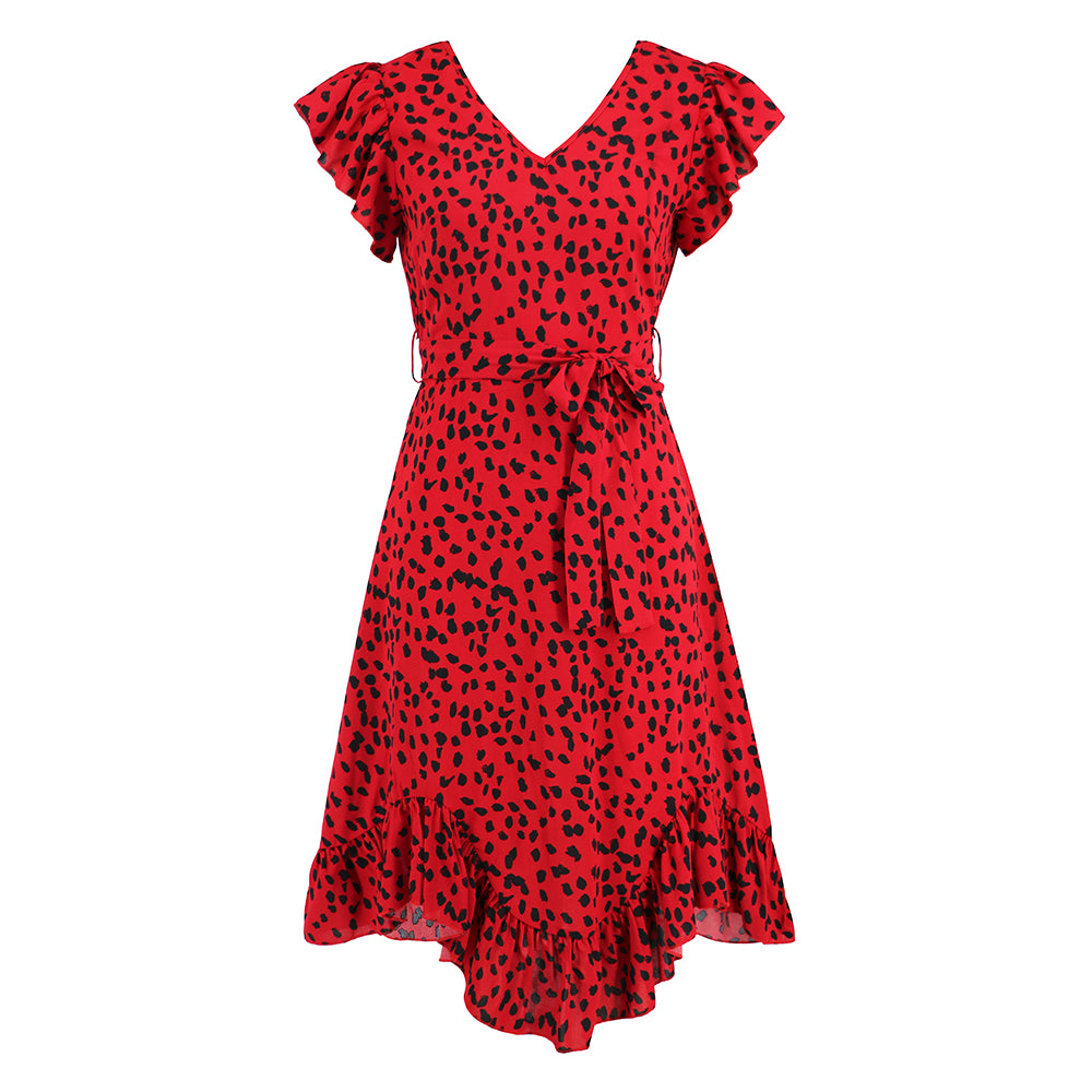 Women Polka Dot Dress Short Sleeves  V-Neckline Wrap Dress