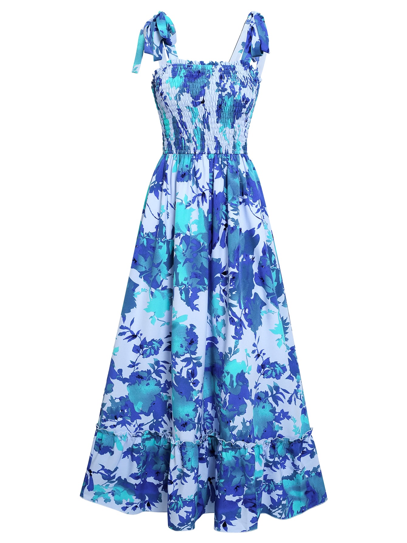 Women Floral Print Strap Sleeveless Long Dress Ruffle HEM