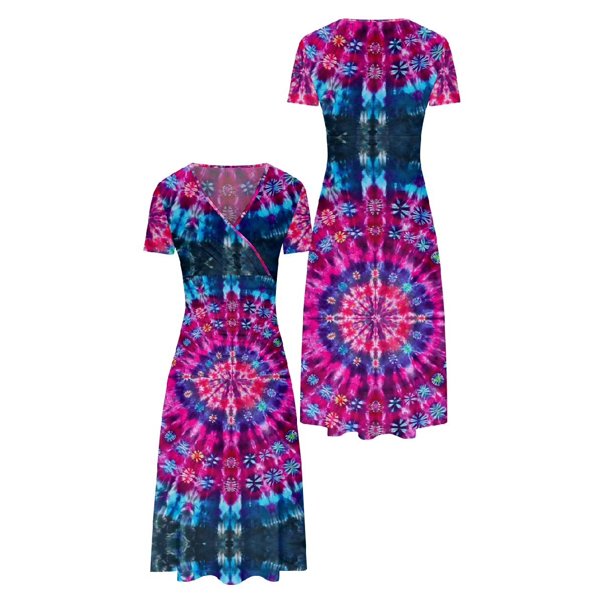 Women Tie Dye Bodycon Long Dress Short Sleeve V-Neckline Dress