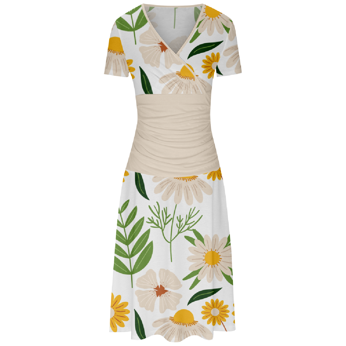 Women Floral Print Bodycon Dress Short Sleeve V-Neckline Dress