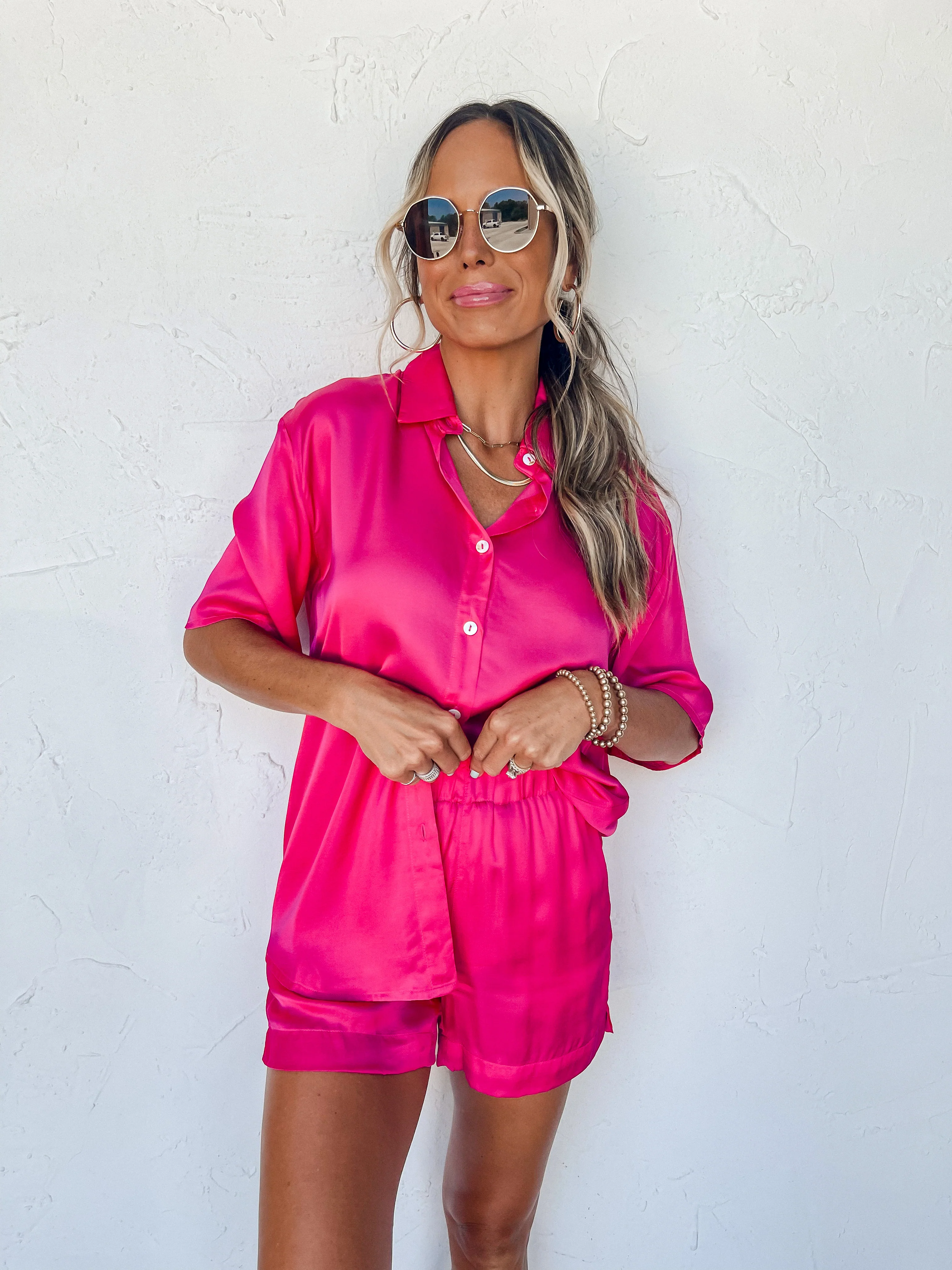 Plain As Day Satin Button Front Top-Pink