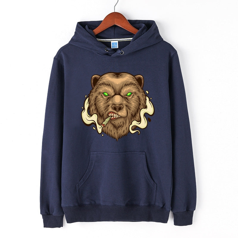 Men's Bear Hoodie Green Eyes Bear Graphic Print Sweatshirt Cotton Merch