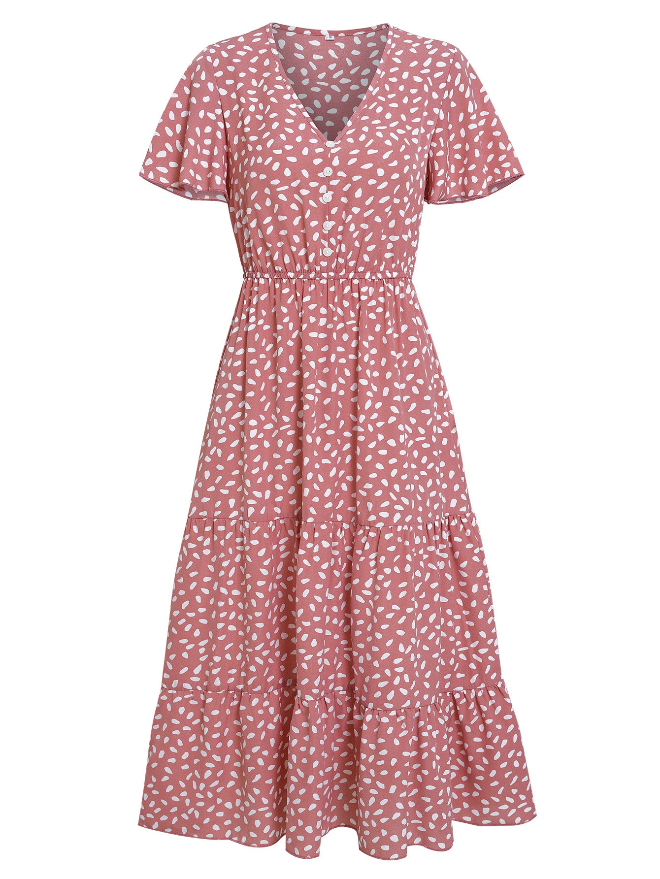 Women Polka Dot Summer Long Dress V Neckline Layered HEM High Waist