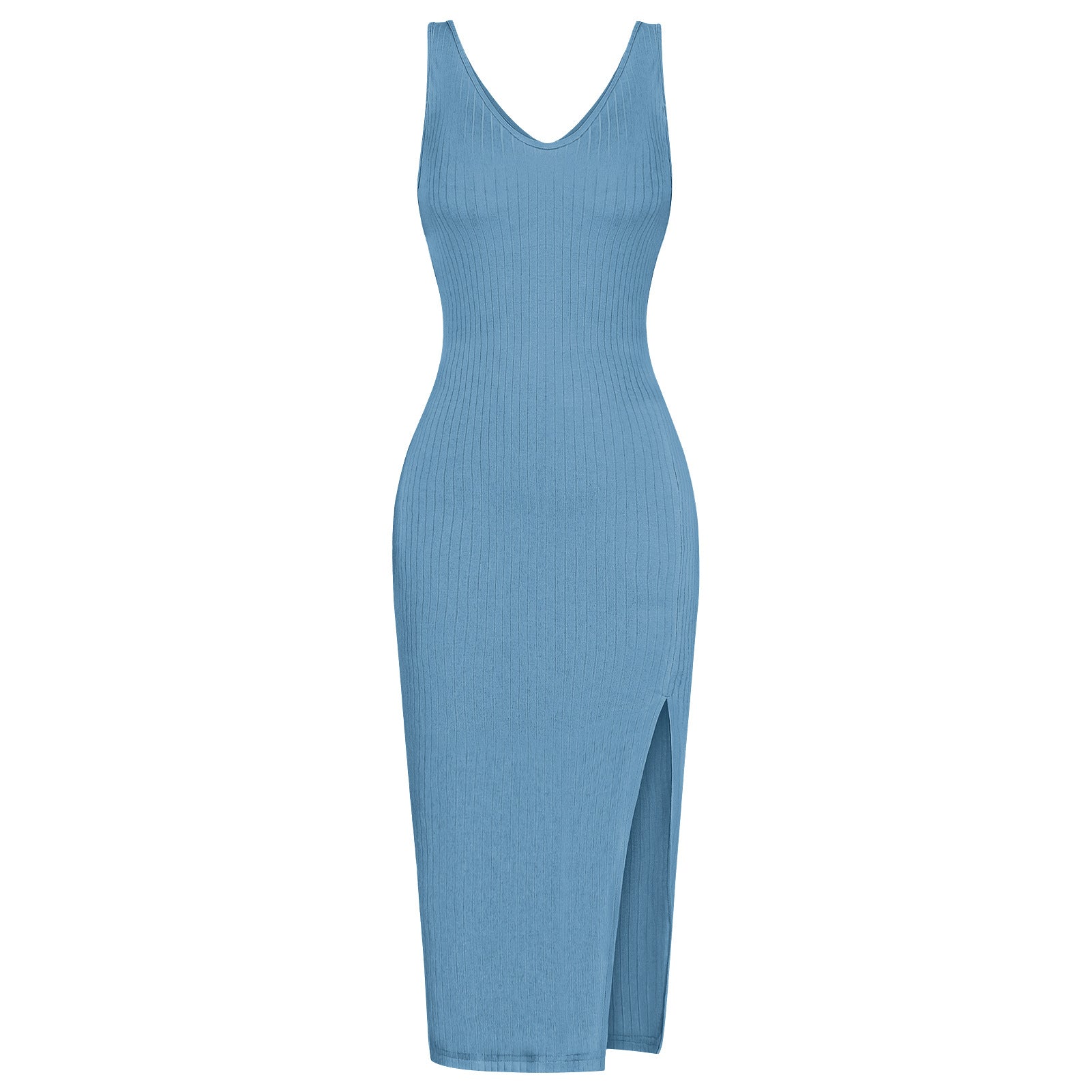 Women Bodycon Midi Sweater Dress V-neck Split Dress Knitted