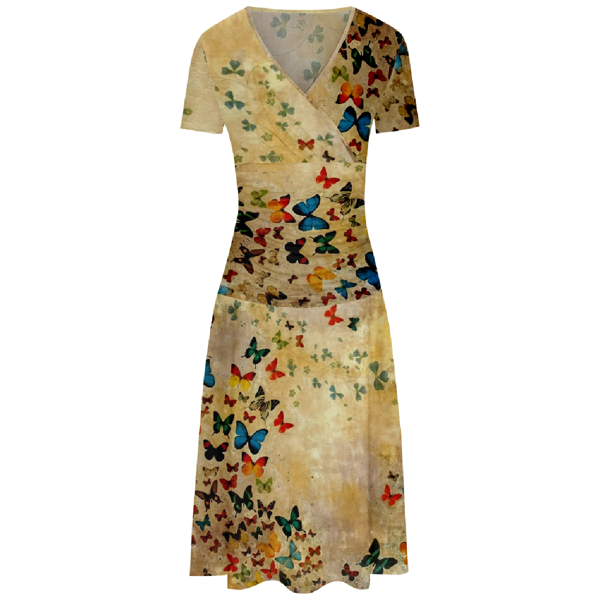 Women Butterfly Retro Bodycon Dress V Neck Short Sleeve Summer Long Dress