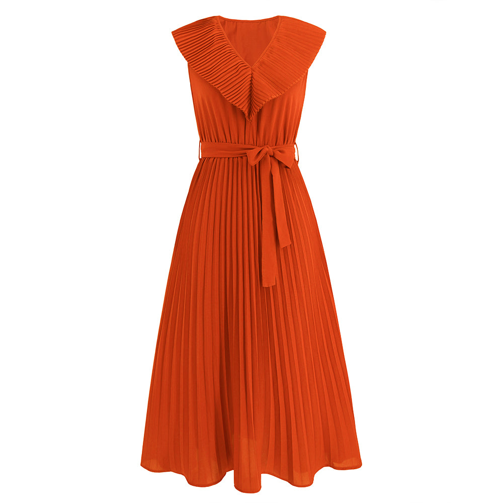 Women Pleated Flowy Dress Sleeveless V-Neckline Wrap Dress