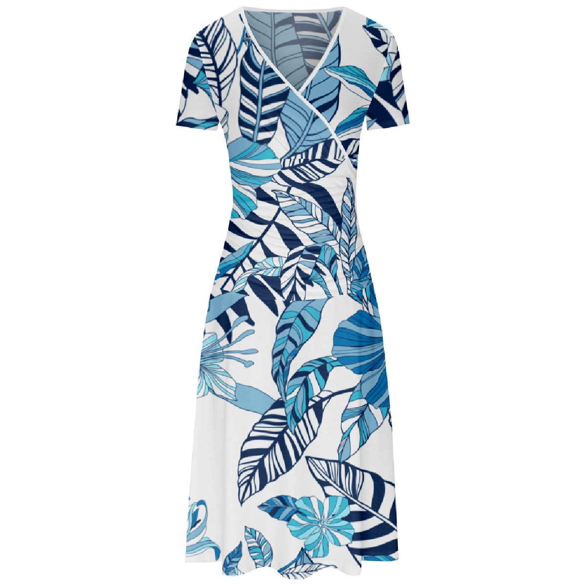 Women Tropical Leaf Print Bodycon Dress Summer Dress V Neckline Short Sleeve