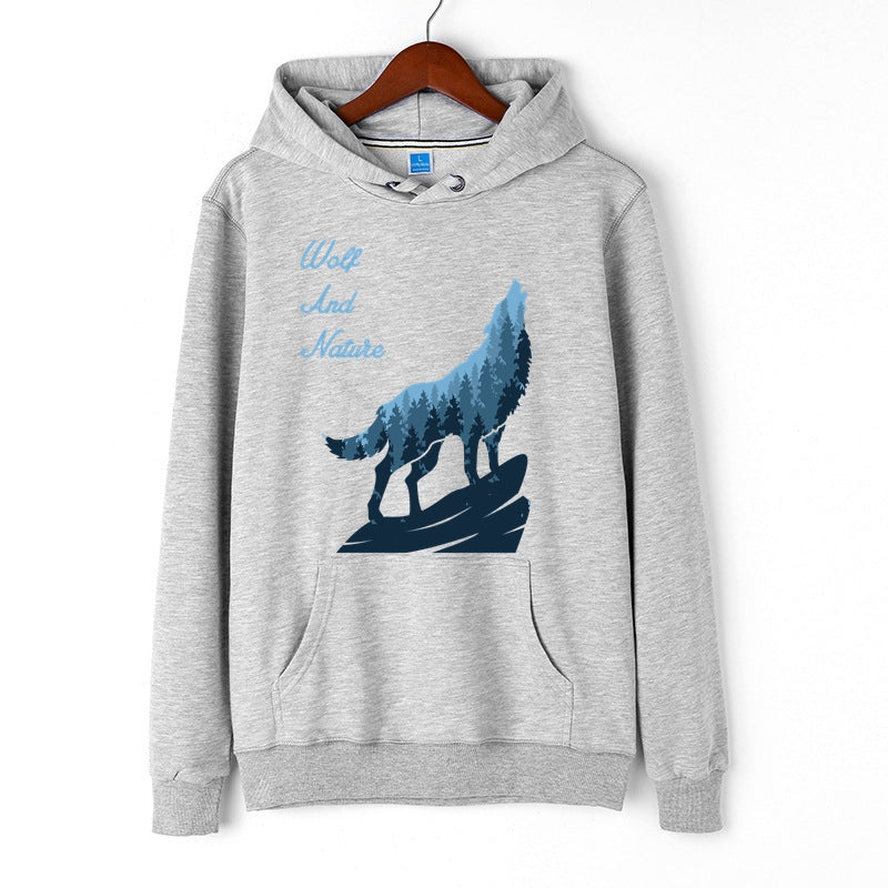 Wolf Long Sleeve Hooded Sweatshirt for Men Wolf and Nature Graphic Print Pullover