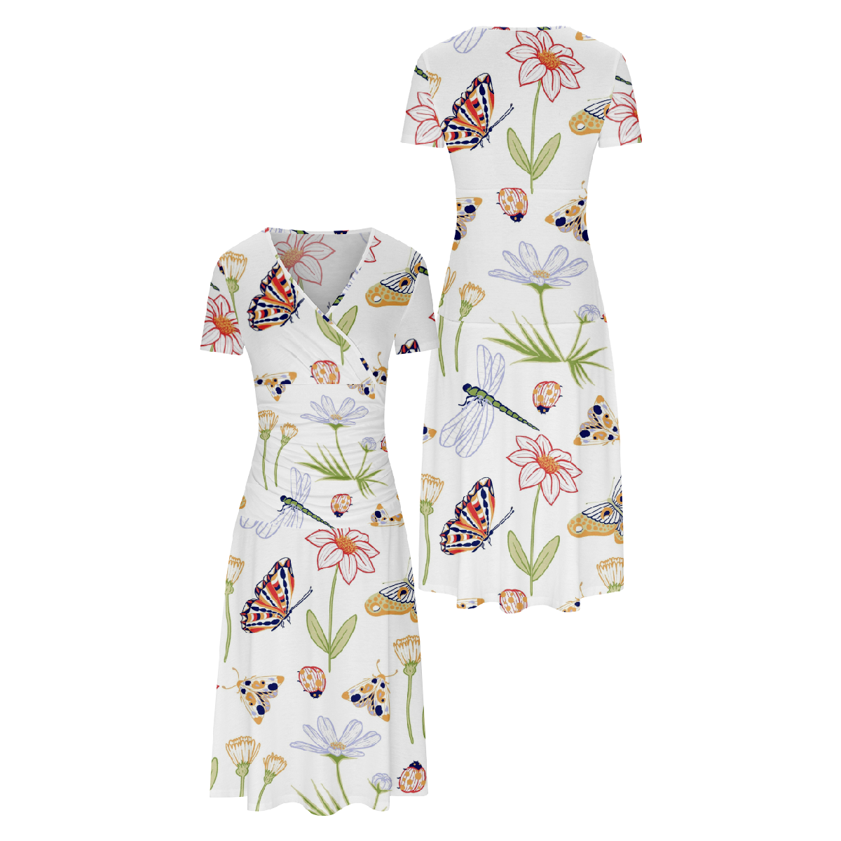 Women Butterfly Dragonfly Print Summer Bodycon Dress V Neckline Short Sleeve