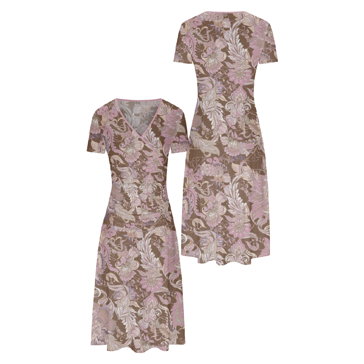 Women Floral Long Dress Bodycon V Neck Short Sleeve Allover Print