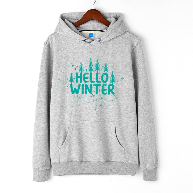 Hello Winter Hoodie Snow and Forest Graphic Print Sweatshirt Cotton Merch