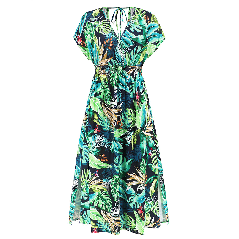 Women Tropical Sundress Short Sleeves Maxi Dress V-Neckline