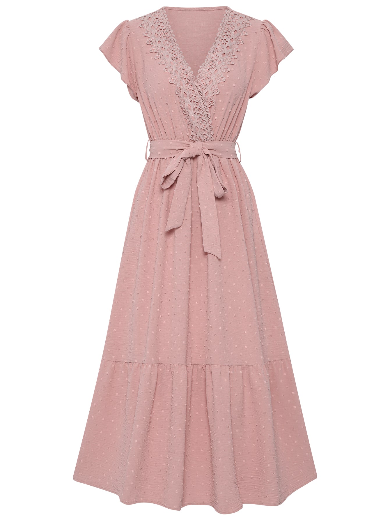 Women Dotted Swiss Long Dress Tie Side V-Neckline Layered HEM