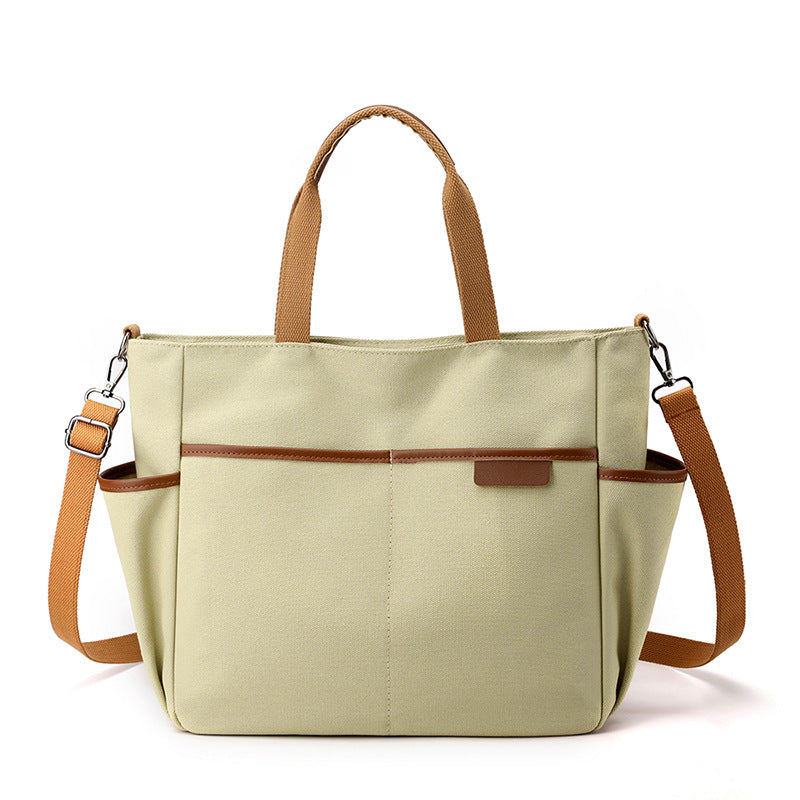 Women Plain Canvas Shoulder Bag with Side Pockets Multiple Functions Bag