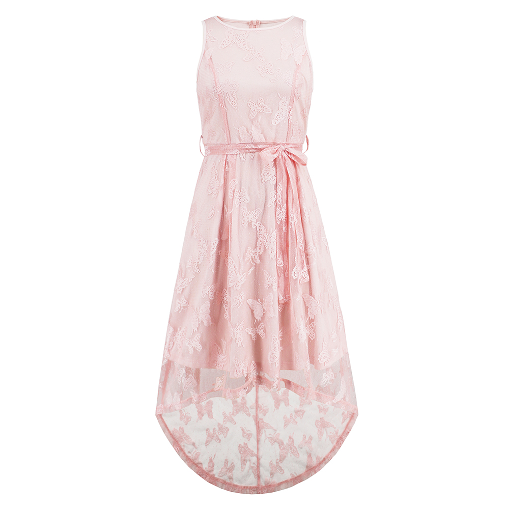 Women Butterfly Lace Sleeveless Tie Front Dress Lace-Mesh Irregular Sundress