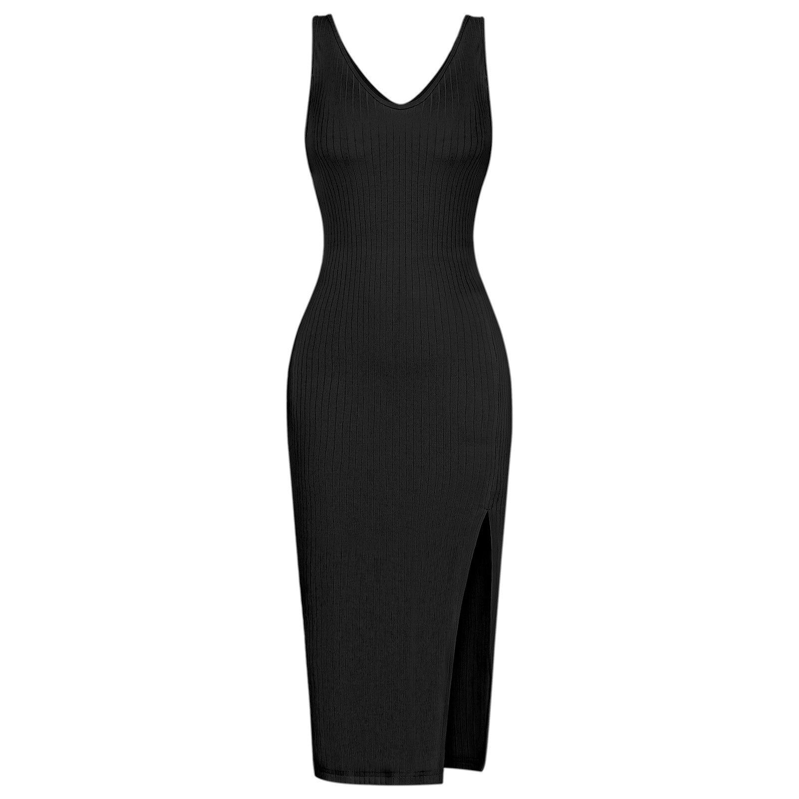 Women Bodycon Midi Sweater Dress V-neck Split Dress Knitted