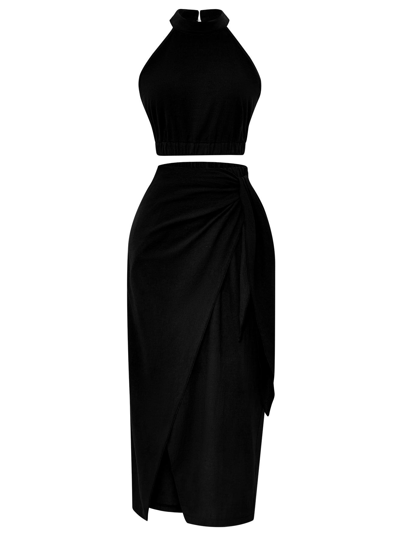 Women Halterneck Sleeveless Split Tie Side Long Dress