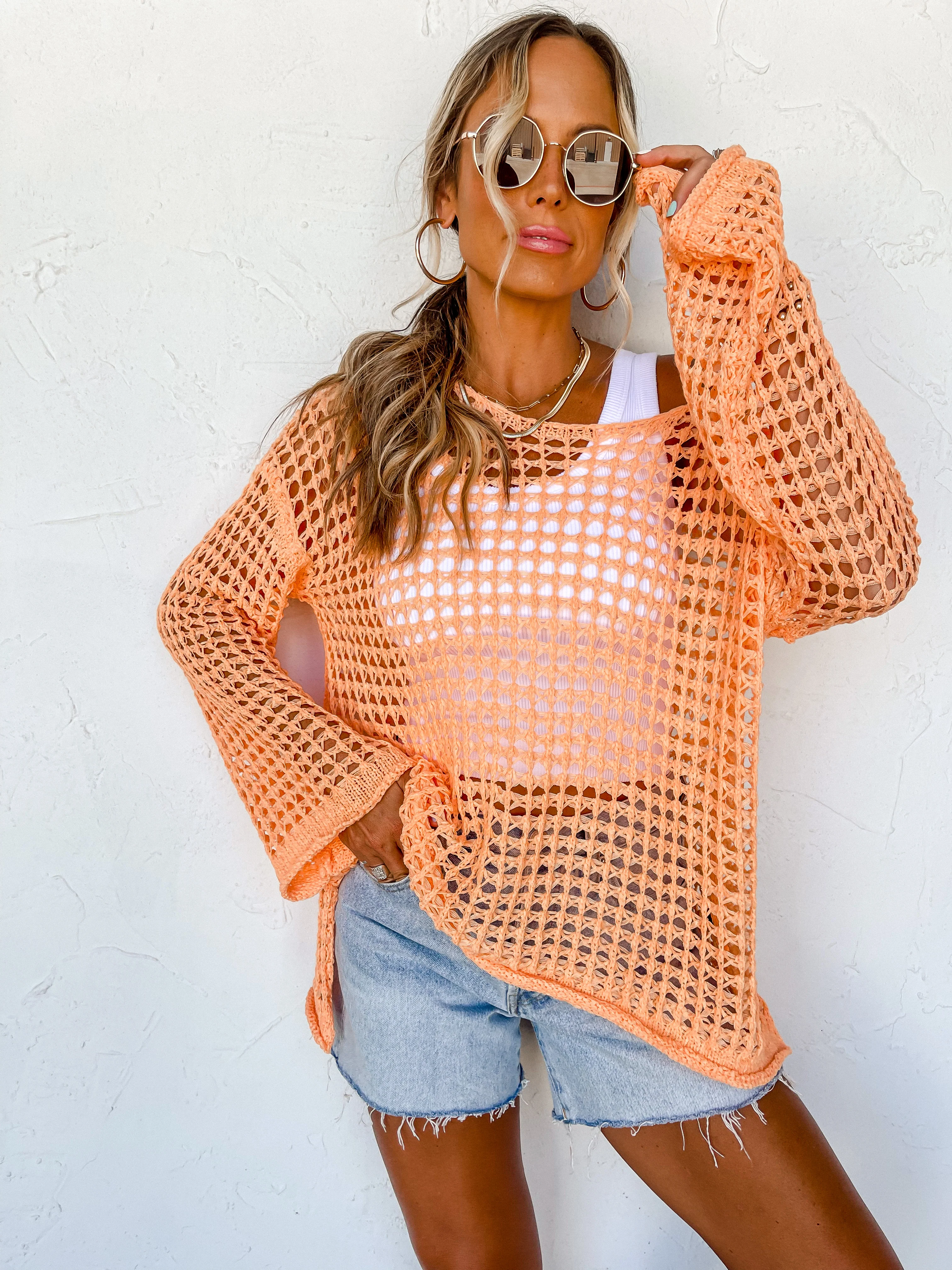 Show Me Around Open Knit Top-Orange