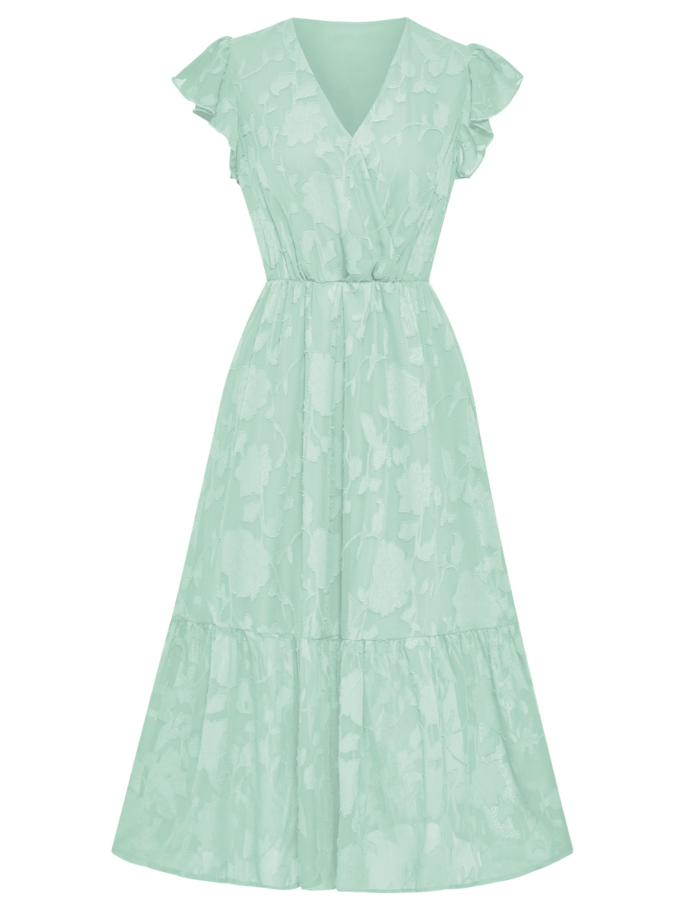 Women Floral Textured Long Dress V-Neckline Floral Sleeves