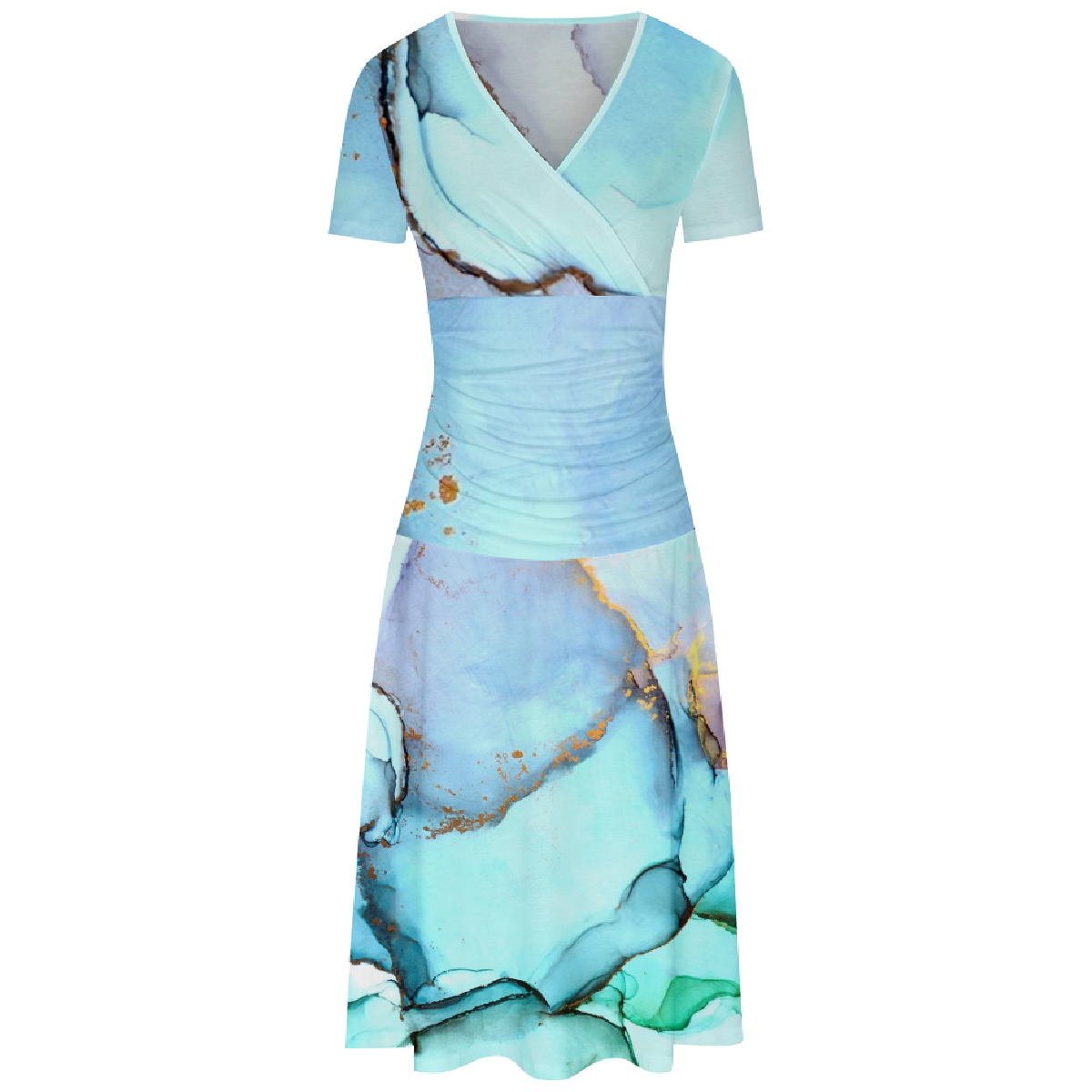 Women Cyan Bodycon Long Dress V Neck Short Sleeve Summer Dress