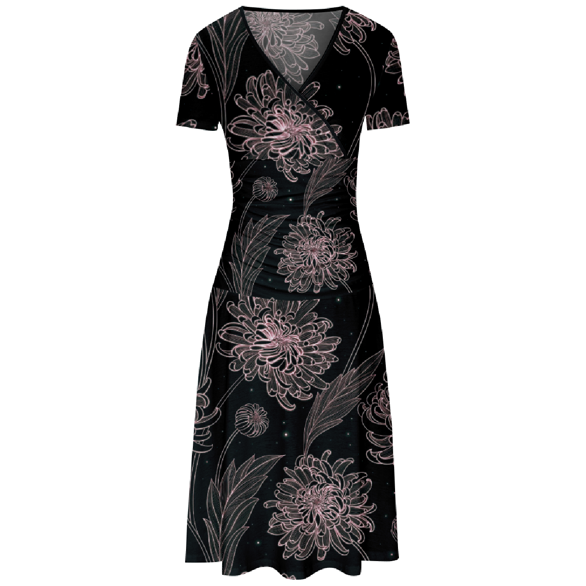 Chrysanthemum Long Dress Slim Waistline V-Neck Short Sleeve Allover Print Dress Casual