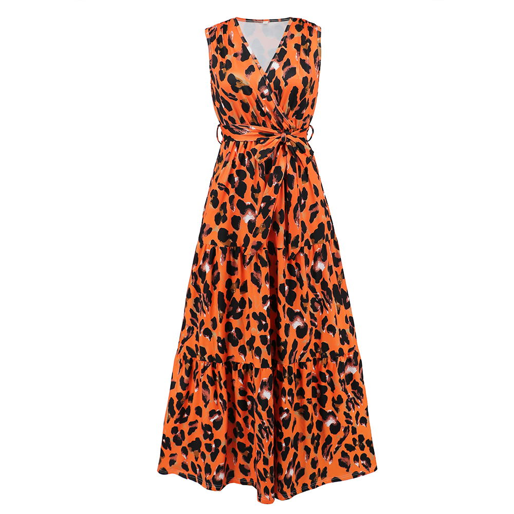 Women Cheetah Halterneck Sundress Sleeveless Tie Side Ruffle HEM
