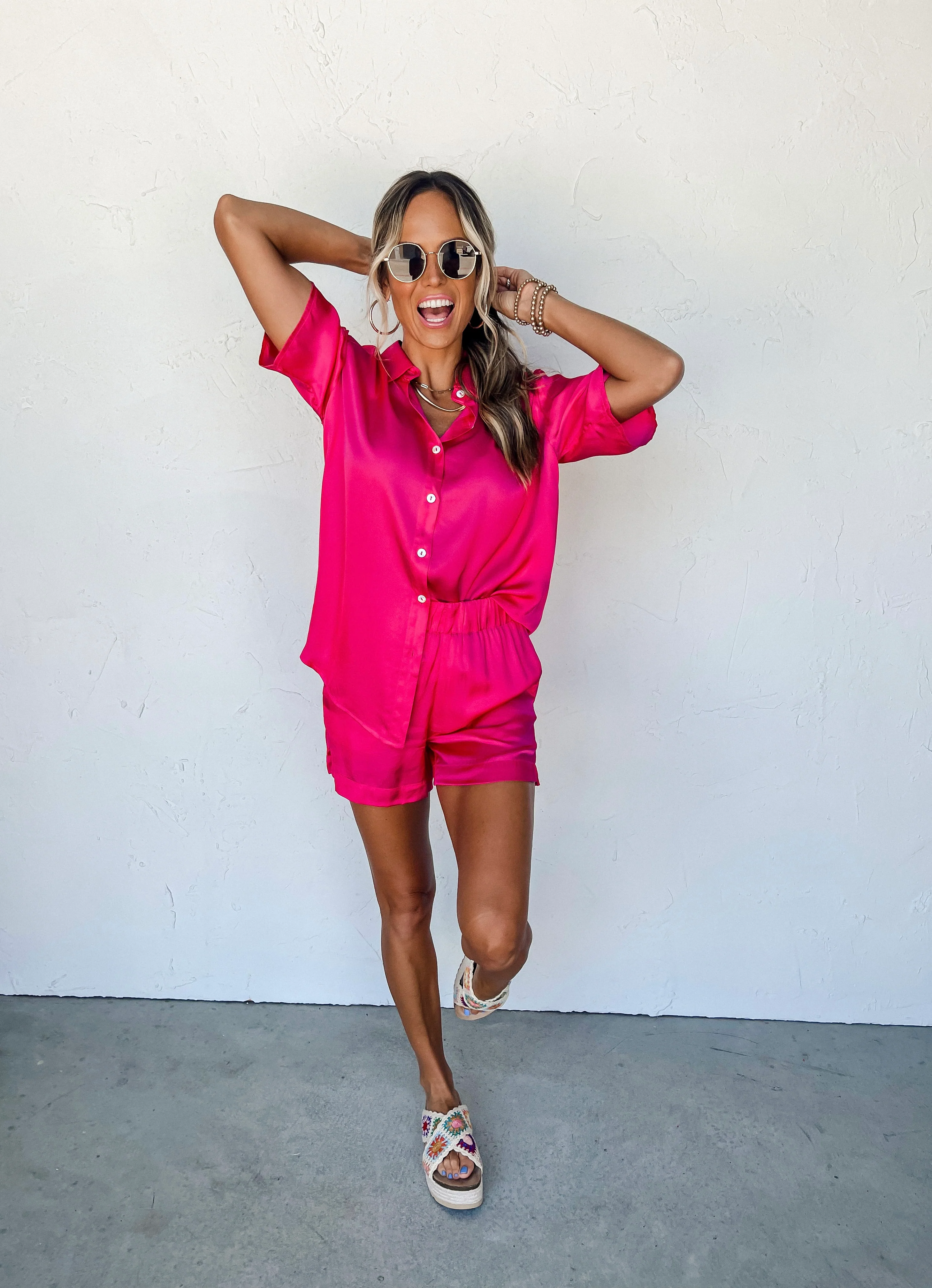 Plain As Day Satin Button Front Top-Pink