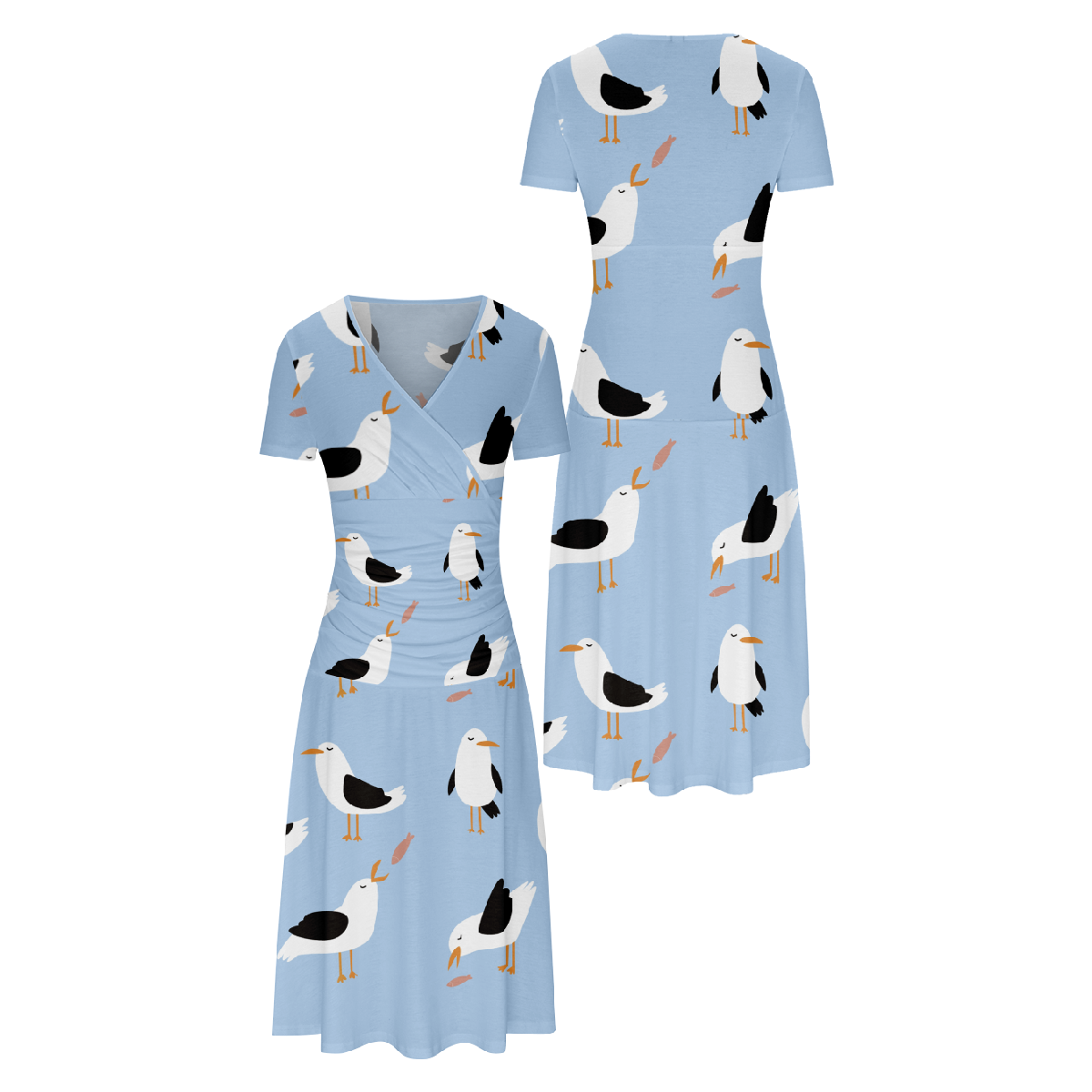 Women Seagull Print Bodycon Dress V Neckline Short Sleeve Summer Dress