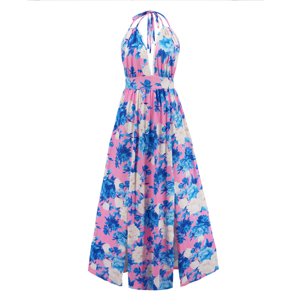 Women Plunge Neck Long Dress Sleeveless Split Thigh Backless Dress