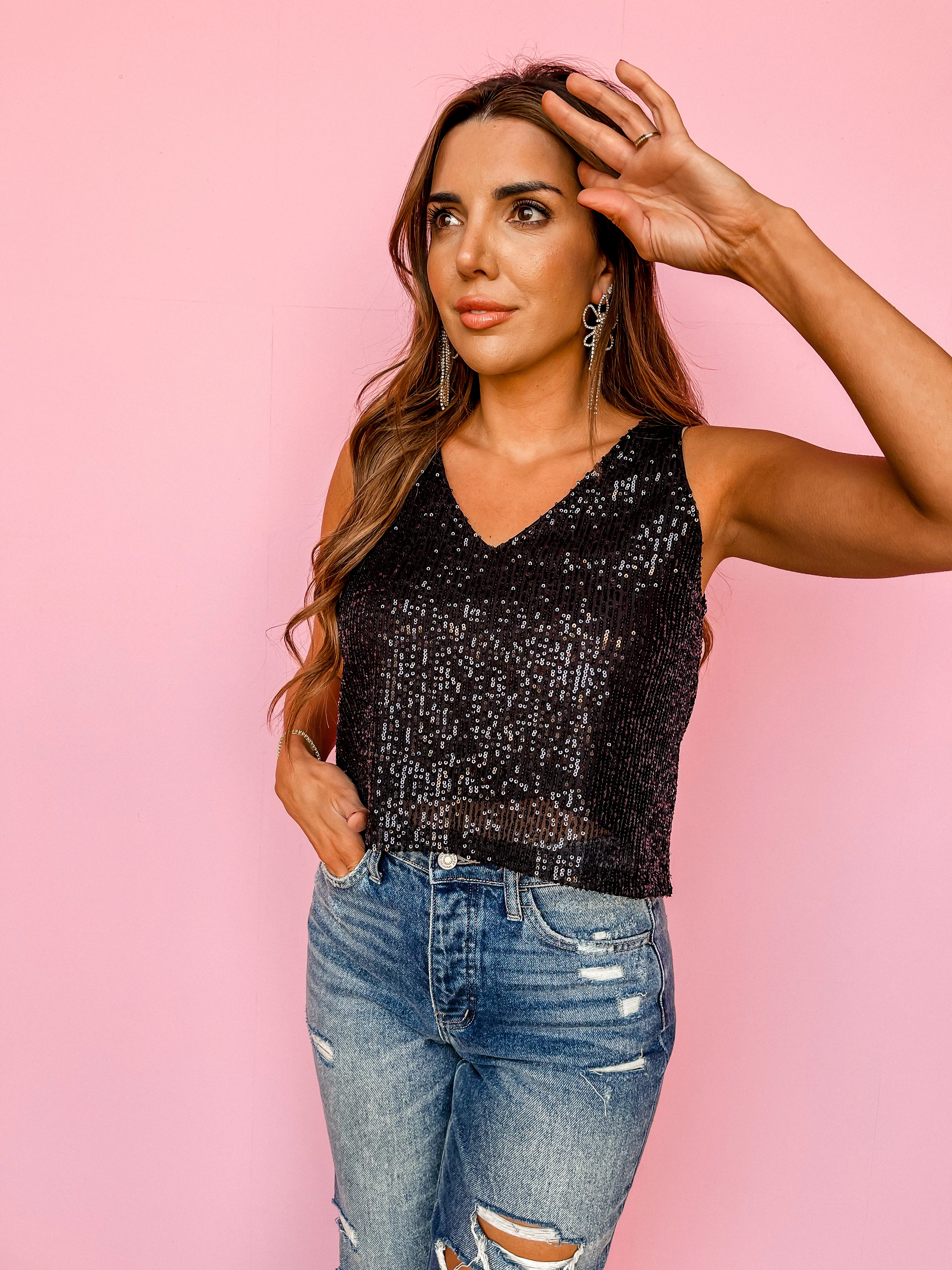 Shining Star Sequin V Neck Top-Black