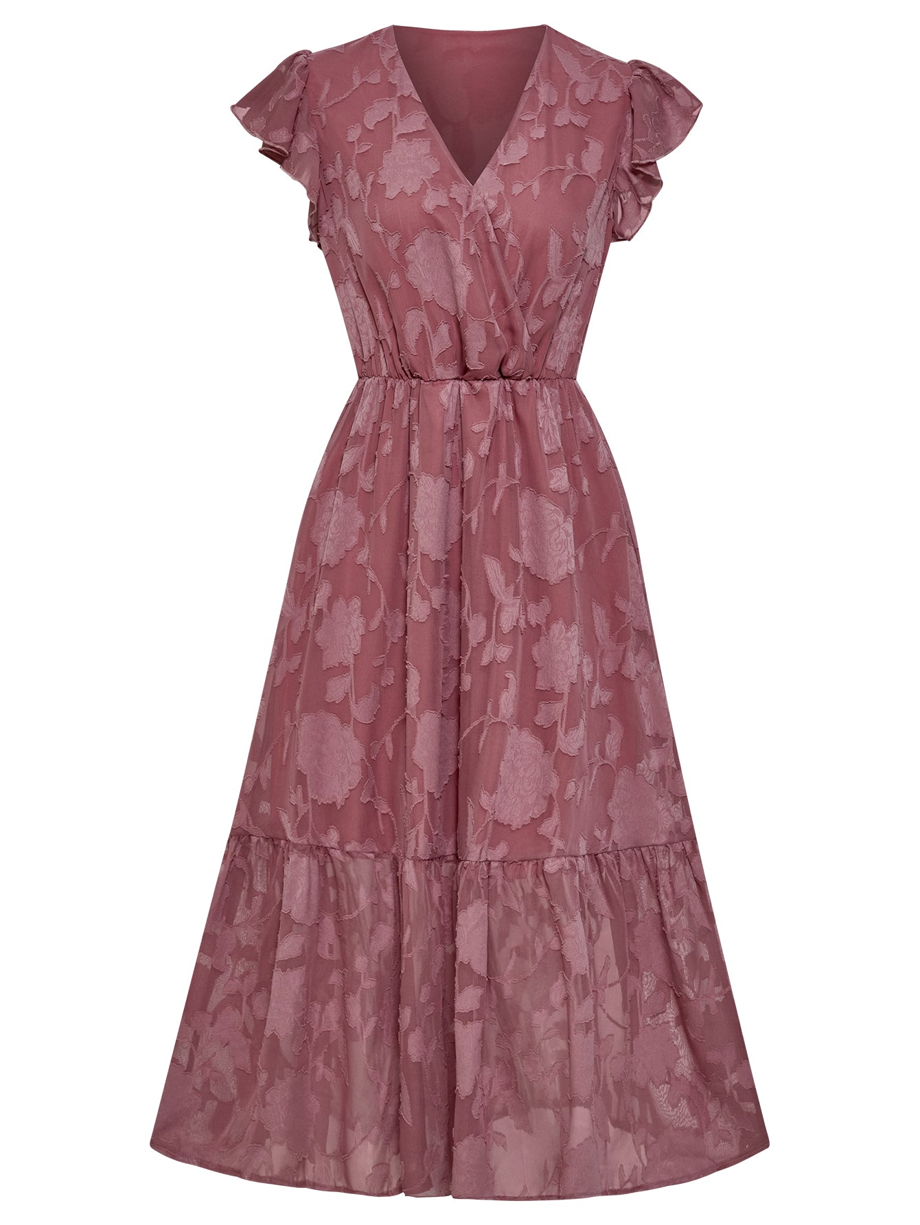 Women Floral Textured Long Dress V-Neckline Floral Sleeves