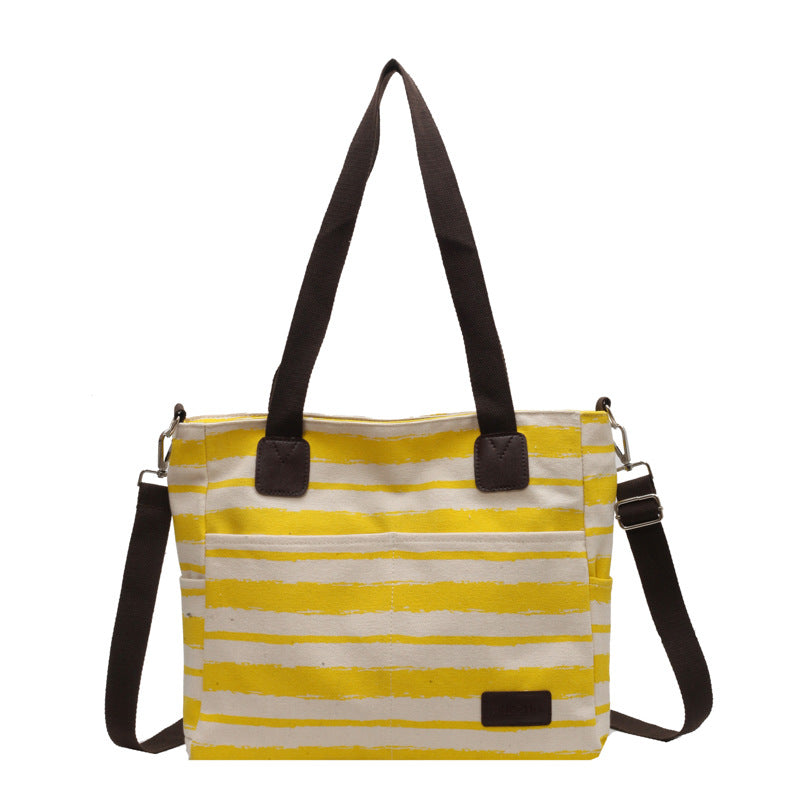 Women Striped Canvas Shoulder Bag Large Storage Handbags
