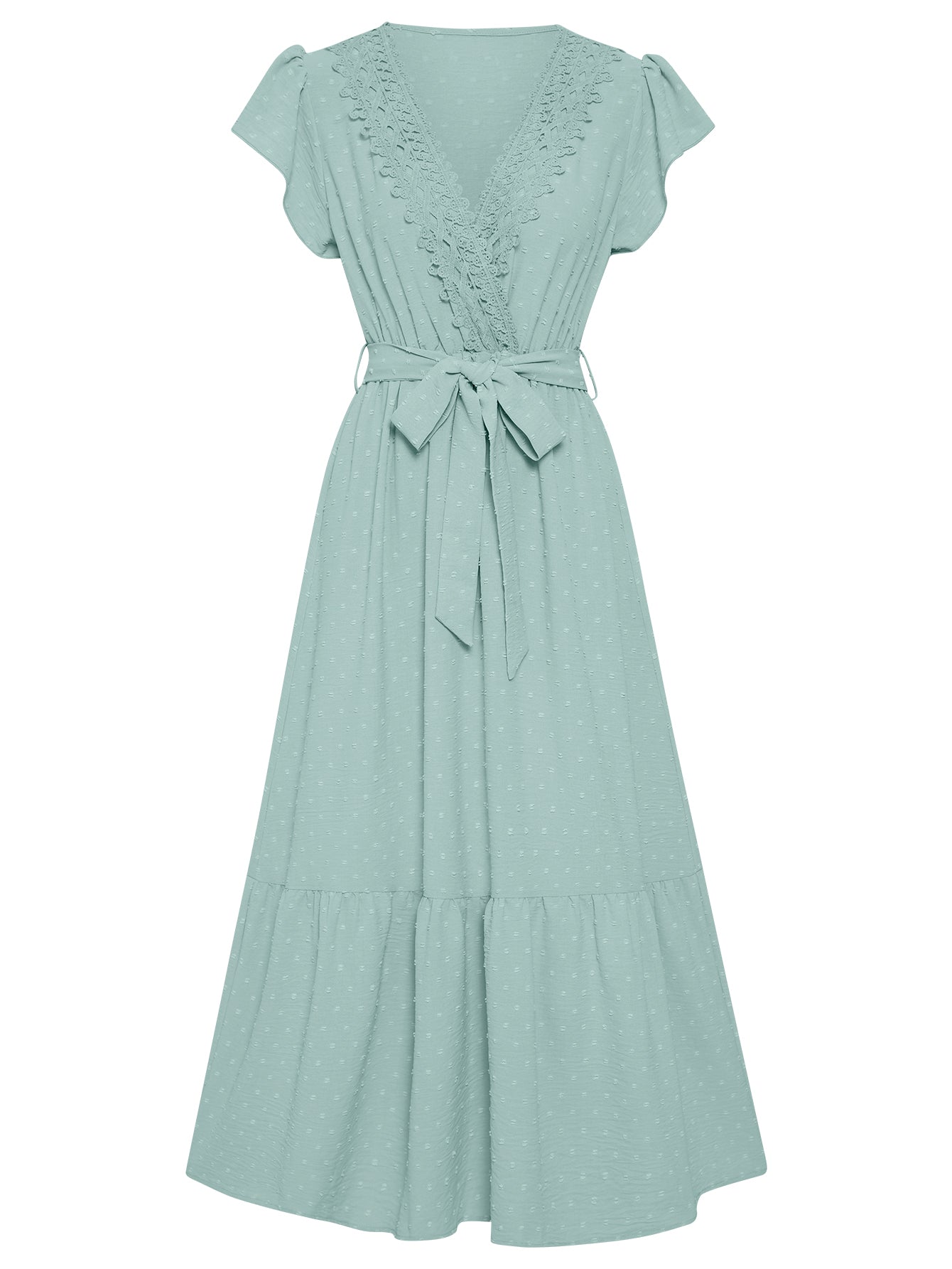 Women Dotted Swiss Long Dress Tie Side V-Neckline Layered HEM