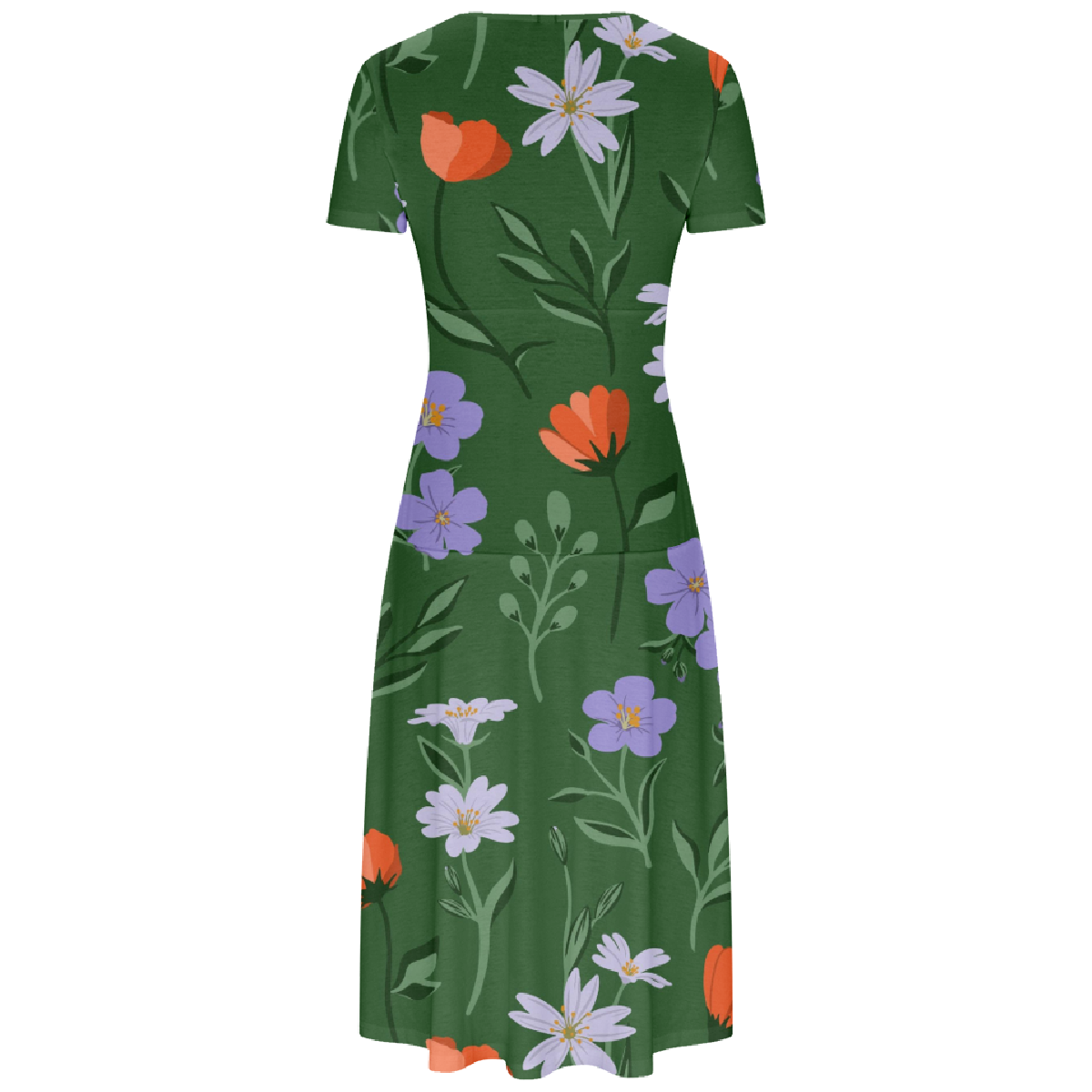 Women Flower Allover Print Slim Waistline Dress V Neckline Short Sleeve Long Dress