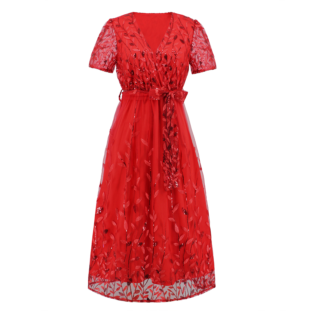 Women Floral Short Sleeve Tie Front Long Dress Lace Dress