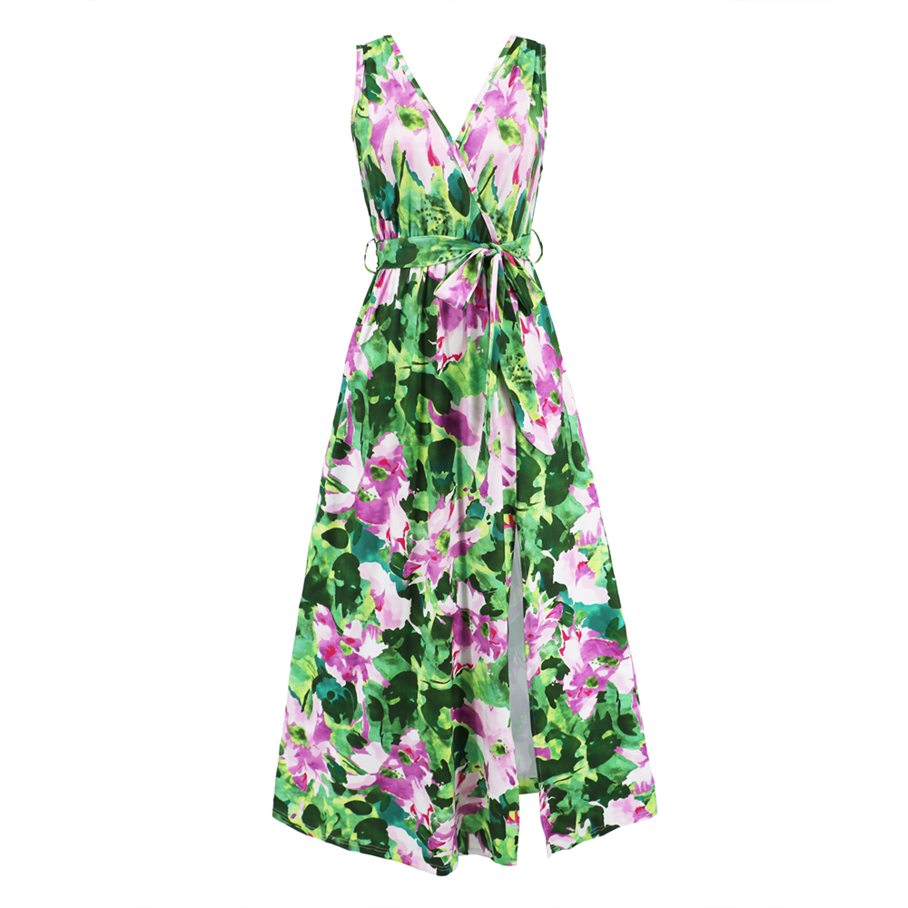 Women Floral Sleeveless V Neck Tie Front Sundress High Waist Long Dress