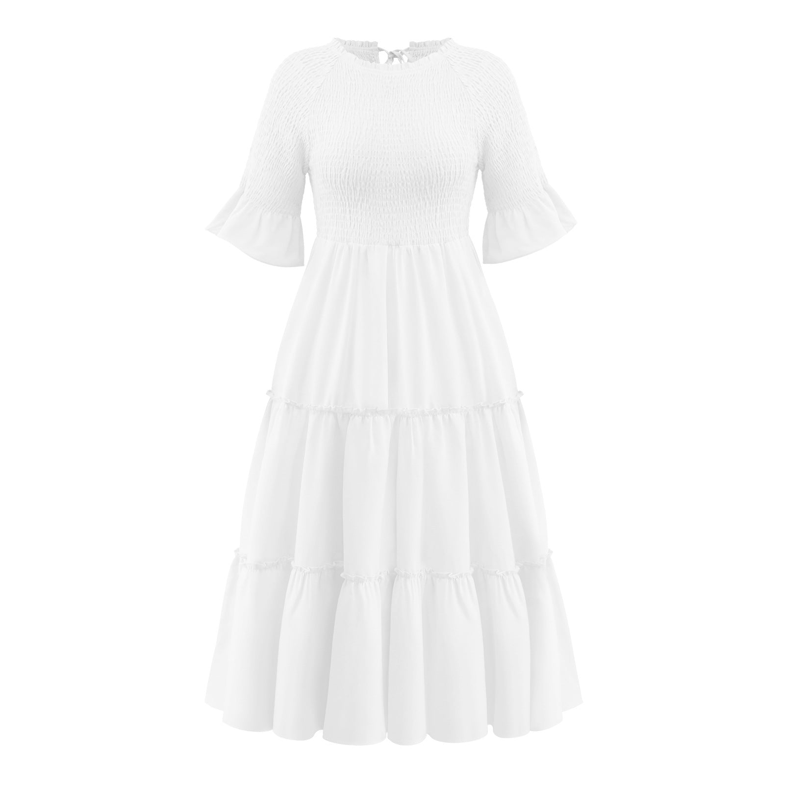 Women Bell Sleeve Long Dress Ruffle HEM Half Sleeve Solid Color