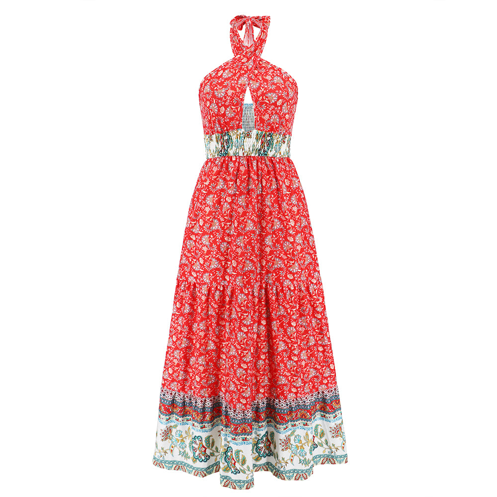 Women Twist Long Dress Cross Neck Floral Dress Backless