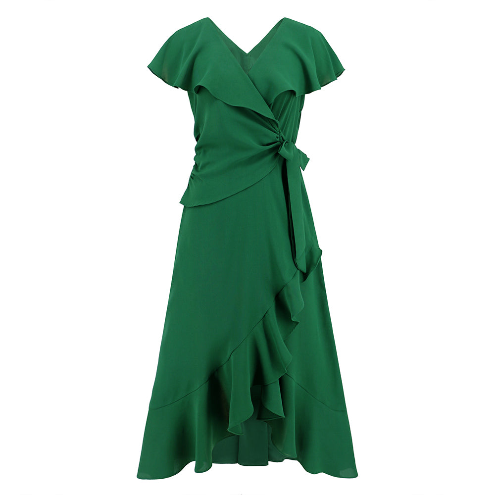 Women Asymmetrical Hem Dress V-Neckline Front Wrap Dress